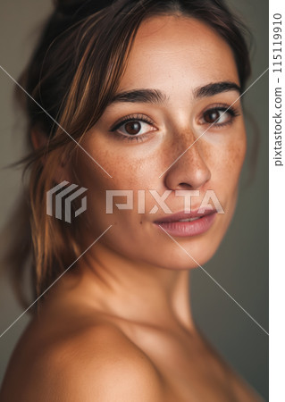 Close-up portrait of a beautiful adult woman with striking facial features calm and confident, looking at the camera, beautiful adult model Close-up portrait of a beautiful adult woman with striking facial features calm and confident, looking at the camera, beautiful adult model 115119910