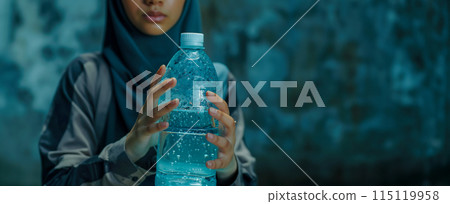 World concept for water, close-up of a bottle of cold mineral water held by a girl in a hijab, symbolizing the importance of conservation and environmental protection, lack of clean drinking water 115119958