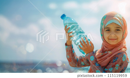 banner for Earth Day concept, girl gives a bottle of cold mineral water symbolizing the importance of conservation and environmental protection, shortage of clean drinking water 115119959