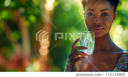 Beautiful adult woman smiling and holding a glass of clean drinking water in her hand, World Water Day and conceptual space for text 115119960