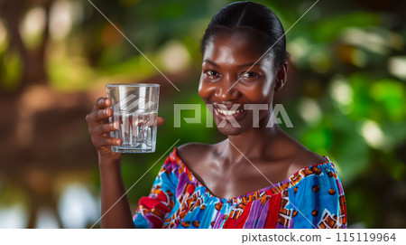 An adult woman from central Africa holds a glass of clean drinking water, the problem of access to quality water in the world, a poster for world water day 115119964