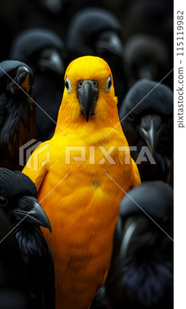Bright yellow parrot surrounded by black crows, challenge and distinction of unique talents, vertical poster about individuality and self-recognition, psychoanalysis and psyche research Bright yellow parrot surrounded by black crows, challenge and distinction of unique talents, vertical poster about individuality and self-recognition, psychoanalysis and psyche research 115119982