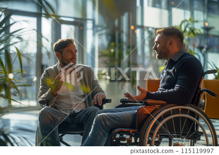 Portrait of two disabled colleagues during a work meeting in a modern high-tech office, an inclusive space that provides both physical and mental well-being. 115119997