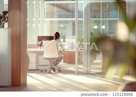 Idea for a workspace project, visualization of a professional specialist workplace with ergonomic furniture that promotes both physical and mental well-being, interior concept for a new office 115120008
