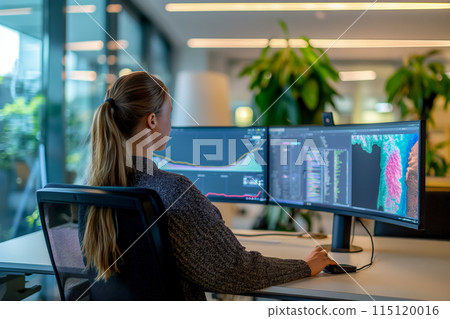 Workplace data analyst working behind a large monitor, office with ergonomic furniture that adapts to employees' unique body shapes, ensuring both physical and mental well-being Workplace data analyst working behind a large monitor, office with ergonomic furniture that adapts to employees' unique body shapes, ensuring both physical and mental well-being 115120016