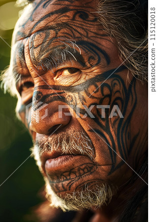 Portrait of an elderly Maori man, vertical close-up portrait, looking towards the camera Portrait of an elderly Maori man, vertical close-up portrait, looking towards the camera 115120018