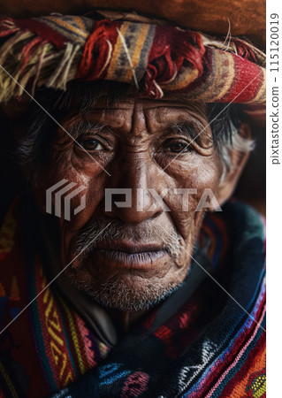 Vertical portrait of an old Aymara man, vacation and travel to popular Andean destinations, learning the heritage and traditions of the indigenous people Vertical portrait of an old Aymara man, vacation and travel to popular Andean destinations, learning the heritage and traditions of the indigenous people 115120019