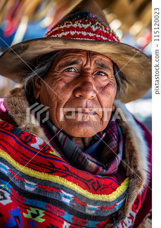 Adult man looking at the camera, portrait of an old man at a fair in an Andean town, colorful traditional clothing, vacation and travel to popular places, learning heritage and traditions Adult man looking at the camera, portrait of an old man at a fair in an Andean town, colorful traditional clothing, vacation and travel to popular places, learning heritage and traditions 115120023