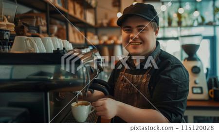 Horizontal portrait of a barista preparing espresso for customers, idea for a poster or banner about sunny people, inclusive local cafe 115120028
