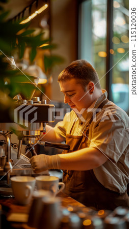 Favorite local inclusive cafe, vertical portrait of a barista preparing coffee on a coffee machine, selective focus on the barista Favorite local inclusive cafe, vertical portrait of a barista preparing coffee on a coffee machine, selective focus on the barista 115120036