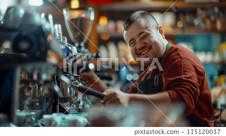 An idea for a poster or banner about sunny people working in an inclusive local cafe, a portrait of a barista at work An idea for a poster or banner about sunny people working in an inclusive local cafe, a portrait of a barista at work 115120037