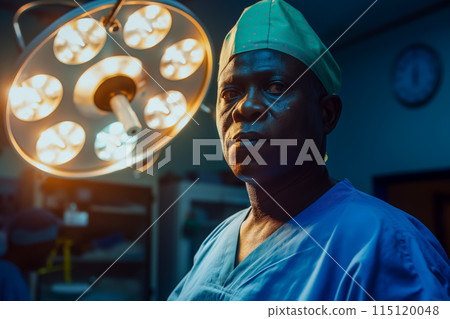 Portrait of a vascular surgery doctor against the background of the operating room, medicine and healthcare concept 115120048