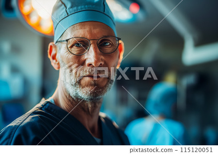 Portrait of a doctor in glasses looks tiredly at the camera after an operation, portrait of a specialist against the backdrop of a surgical operation Portrait of a doctor in glasses looks tiredly at the camera after an operation, portrait of a specialist against the backdrop of a surgical operation 115120051