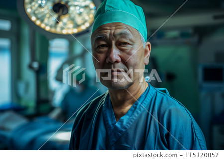 The surgeon looks tiredly at the camera after the operation, portrait of a specialist against the backdrop of a surgical operation The surgeon looks tiredly at the camera after the operation, portrait of a specialist against the backdrop of a surgical operation 115120052