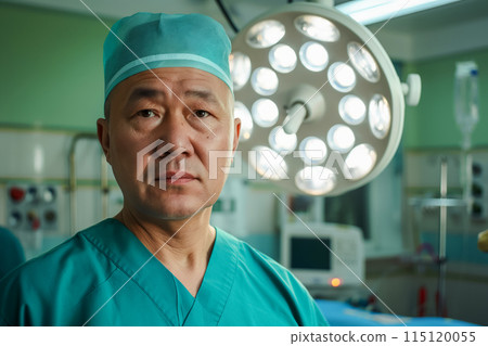 Forty year old cardiac surgeon in operating room, portrait with copy space for concept Forty year old cardiac surgeon in operating room, portrait with copy space for concept 115120055