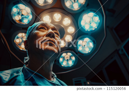 Low angle portrait of an adult tired male surgeon after surgery, horizontal portrait with operating lamp in the background Low angle portrait of an adult tired male surgeon after surgery, horizontal portrait with operating lamp in the background 115120056