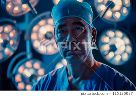 Portrait of an adult tired male surgeon after surgery, horizontal portrait against the background of an operating lamp 115120057