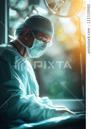 vertical portrait of a vascular surgeon at work in the operating room, medicine and healthcare 115120060