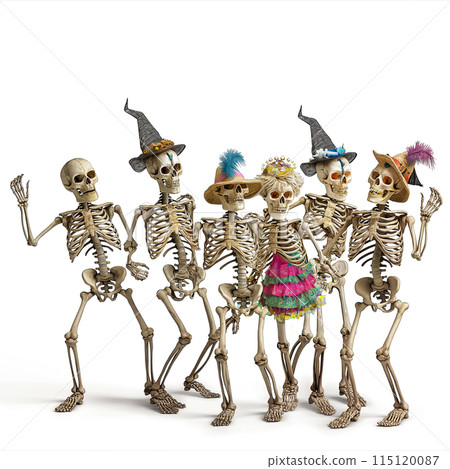 Party of skeletons dancing at a fun Halloween party, 3d drawing on a white empty background 115120087
