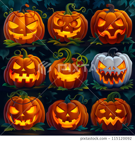 a set of illustration icons or multi-colored patches with deep orange designs dedicated to the iconic symbol of Halloween - pumpkin, concept for the design of postcards a set of illustration icons or multi-colored patches with deep orange designs dedicated to the iconic symbol of Halloween - pumpkin, concept for the design of postcards 115120092
