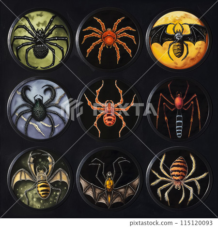 Idea for Halloween badges with creepy creatures that often appear at night, such as spiders, snakes and bats on a black background Idea for Halloween badges with creepy creatures that often appear at night, such as spiders, snakes and bats on a black background 115120093