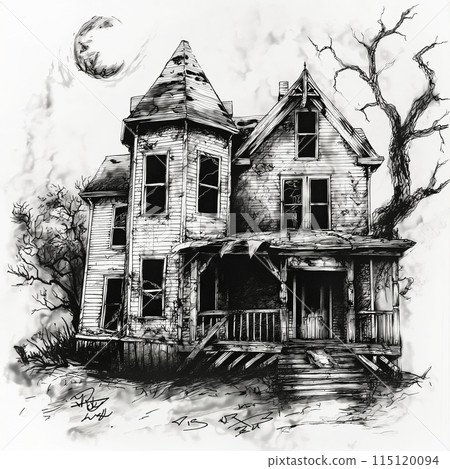 Pencil drawing of an old ruined haunted house, website design idea or story for a Halloween party Pencil drawing of an old ruined haunted house, website design idea or story for a Halloween party 115120094
