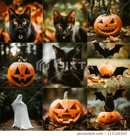 Spooky Halloween, a set of ten classic Halloween symbols such as pumpkins, black cats, bats and ghosts that create a spooky and spooky holiday atmosphere 115120105