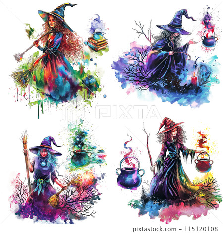 A set with watercolor drawings of witches, ideas for various icons on a white background, the mystical and magical side of Halloween, drawings that can be used as stickers. A set with watercolor drawings of witches, ideas for various icons on a white background, the mystical and magical side of Halloween, drawings that can be used as stickers. 115120108