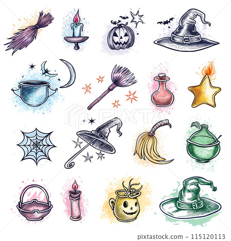 Halloween badges and drawings, set of outline icons on a white background, colorful drawings of different witches, brooms, cauldrons and spell books, idea for the holiday 115120113