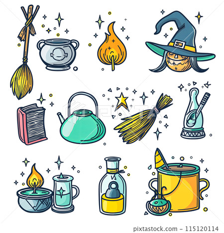Set of outline Halloween icons on a white background, colorful drawings of different witch brooms, cauldrons and spell books, idea for icons Set of outline Halloween icons on a white background, colorful drawings of different witch brooms, cauldrons and spell books, idea for icons 115120114