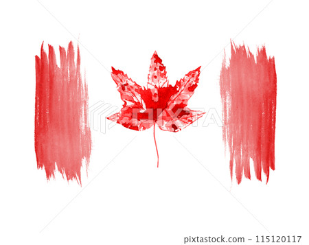 Maple leaf and splashes in red colors. Happy Canada Day. 1 July greeting card. Celebration composition. Hand painted brush strokes. Watercolor illustration for flyer, poster, advertising Maple leaf and splashes in red colors. Happy Canada Day. 1 July greeting card. Celebration composition. Hand painted brush strokes. Watercolor illustration for flyer, poster, advertising 115120117