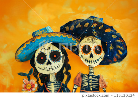 Postcard with a drawing of a young happy Mexican boy and girl for a traditional Mexican holiday, Dia de los Muertos, watercolor naive style drawing, idea for a postcard 115120124
