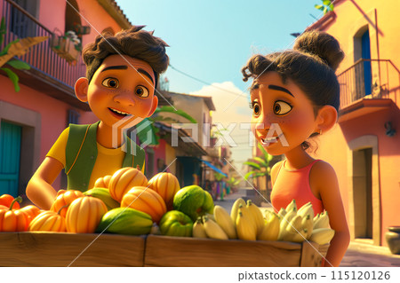 Portrait of a boy and a girl carrying pumpkins and corn home along a town street, 3D drawing 115120126