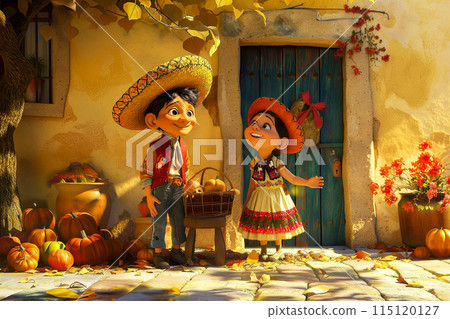 3D drawing of a happy Mexican girl and boy decorating their house with pumpkins for Halloween 3D drawing of a happy Mexican girl and boy decorating their house with pumpkins for Halloween 115120127