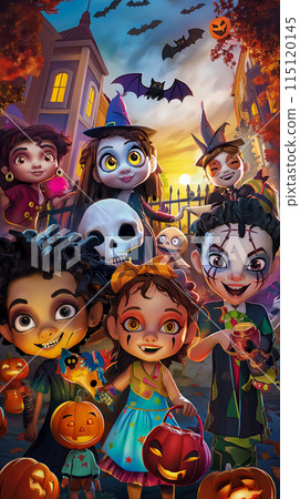 3D illustration for the traditional holiday of Halloween and All Saints' Day, vertical poster with children in costumes collecting candy 115120145
