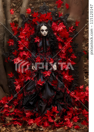 Vertical poster with a 3D drawing of a girl surrounded by red leaves, illustration for the Day of the Dead 115120147