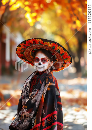 Vertical portrait of a young man in a costume for the Day of the Dead festival, a beautiful traditional Mexican holiday - Dia de los Muertos 115120153