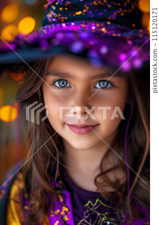 Portrait of a little happy girl in a witch costume for Halloween, traditional autumn holidays 115120171