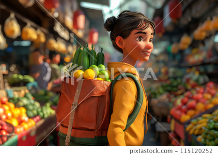 3D image of a food delivery professional standing in a busy market with a backpack filled with fresh food, advertising for a delivery service 115120252