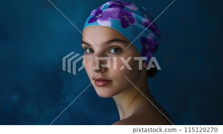 Poster with a portrait of a young sportswoman in a swimming cap decorated with violets, dark blue background, concept for sport and health advertising Poster with a portrait of a young sportswoman in a swimming cap decorated with violets, dark blue background, concept for sport and health advertising 115120270