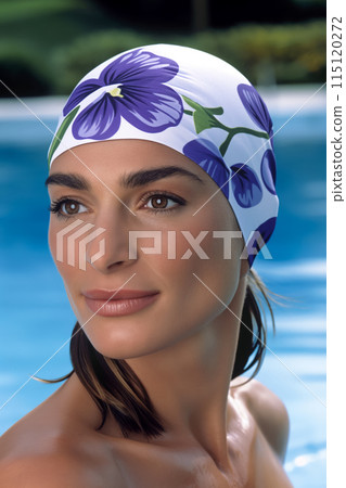 Beautiful young woman wearing a swimming cap decorated with violets swims in a swimming pool, portrait with an adult model for sport and health advertising, color and light study Beautiful young woman wearing a swimming cap decorated with violets swims in a swimming pool, portrait with an adult model for sport and health advertising, color and light study 115120272