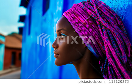 Web banner idea with charming graceful young woman against rich blue city wall background in Africa, idea for advertising spa and body care cosmetics Web banner idea with charming graceful young woman against rich blue city wall background in Africa, idea for advertising spa and body care cosmetics 115120273