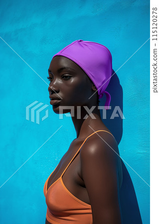 Profile portrait of a young beautiful sportswoman against the background of a blue swimming pool wall, vertical portrait for sport and health advertising, color and light study 115120278