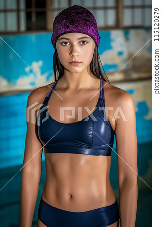 Vertical portrait of a young beautiful sportswoman against the background of an old swimming pool, a vertical portrait for advertising sports and health Vertical portrait of a young beautiful sportswoman against the background of an old swimming pool, a vertical portrait for advertising sports and health 115120279