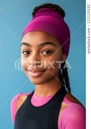 Portrait of a young beautiful woman athlete on a blue background, vertical portrait for advertising sports and wellness Portrait of a young beautiful woman athlete on a blue background, vertical portrait for advertising sports and wellness 115120282