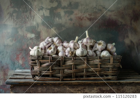 Garlic in a wicker basket on a wooden table. Rustic style. Garlic in a wicker basket on a wooden table. Rustic style. 115120283
