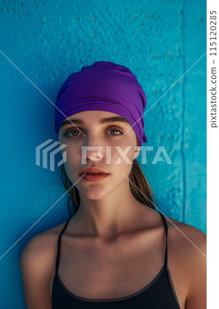 Portrait of a young woman athlete in a swimming cap decorated with violets, against the background of a calm blue swimming pool wall, concept for advertising beauty and spa rejuvenation treatments Portrait of a young woman athlete in a swimming cap decorated with violets, against the background of a calm blue swimming pool wall, concept for advertising beauty and spa rejuvenation treatments 115120285