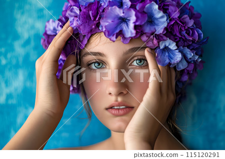 Portrait of a young beautiful woman wearing a hat made of delicate violets, an idea for advertising cosmetics and body care products Portrait of a young beautiful woman wearing a hat made of delicate violets, an idea for advertising cosmetics and body care products 115120291