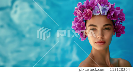 Concept for advertising cosmetics or spa salon, banner with. portrait of a beautiful young woman wearing a cap made of delicate violets, a combination of beauty and health, space for text Concept for advertising cosmetics or spa salon, banner with. portrait of a beautiful young woman wearing a cap made of delicate violets, a combination of beauty and health, space for text 115120294