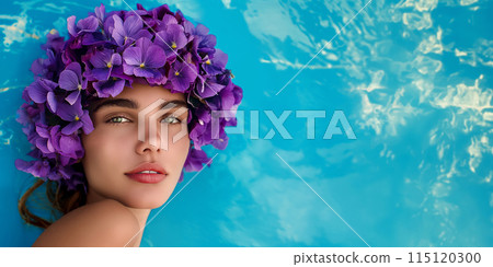 Poster with a model wearing a cap made of delicate violets, the model exudes elegance and charm, a combination of beauty and health, cosmetics or spa advertising concept Poster with a model wearing a cap made of delicate violets, the model exudes elegance and charm, a combination of beauty and health, cosmetics or spa advertising concept 115120300